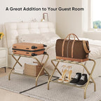 Luggage Rack for Guest Room, Folding Suitcase Stand with Shoe Shelf, Easy Assembly, Portable, Hold up to 110 lb, Gold, 1 Pack