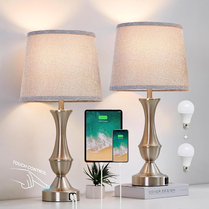 Touch Table Lamps Set of 2, 22" Tall Bedside Lamps, Nightstand Lamps with USB C+A Charging Ports, Dimmable Lamp for Bedrooms, Living Room, Office, Silver Lamp with Grey Lampshade, Bulbs Included