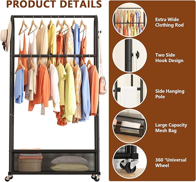 MOYIPIN Double Rods Clothing Rack with Wheels,Clothing Organizer for Hanging Clothes Coat Scarves Bags,Multi-functional Bedroom Garment Rack,4 Hooks,Black