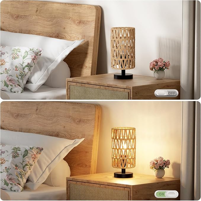 Fenmzee Small Table Lamp for Bedroom - Inline Control, Bedside Lamp with 3000K A15 LED Blub, Easy Assembly（Rattan Rope Shade-Black Base，9" Inline Control）
