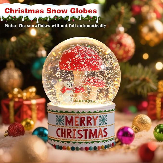 VCUTEKA Christmas Snow Globe, Musical Snow Globes for Girls with Light Up Mushroom and Squirrel, Christmas Snow Globe Decoration Gift, Battery Operated Snowglobes Christmas Décor