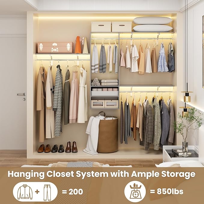8FT Hanging Closet System, 96 Inch Closet Organizer System with Hanging Rod, Walk In Mounted Closet System, Built-In Clothes Garment Rack with 3 Shelving Towers(Can Be Cut To Fit), Grey
