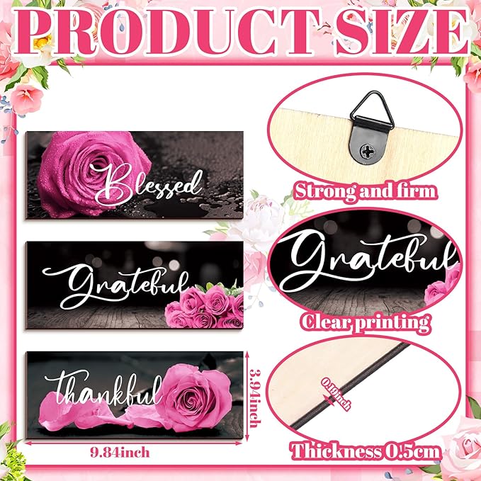 Hillban 3 Pieces Rose Wooden Wall Decor Rose Bathroom Decor Thankful Grateful Blessed Accessories Inspirational Wall Art Signs for Living Room Kitchen Wedding(10 x 4 Inch,Pink)