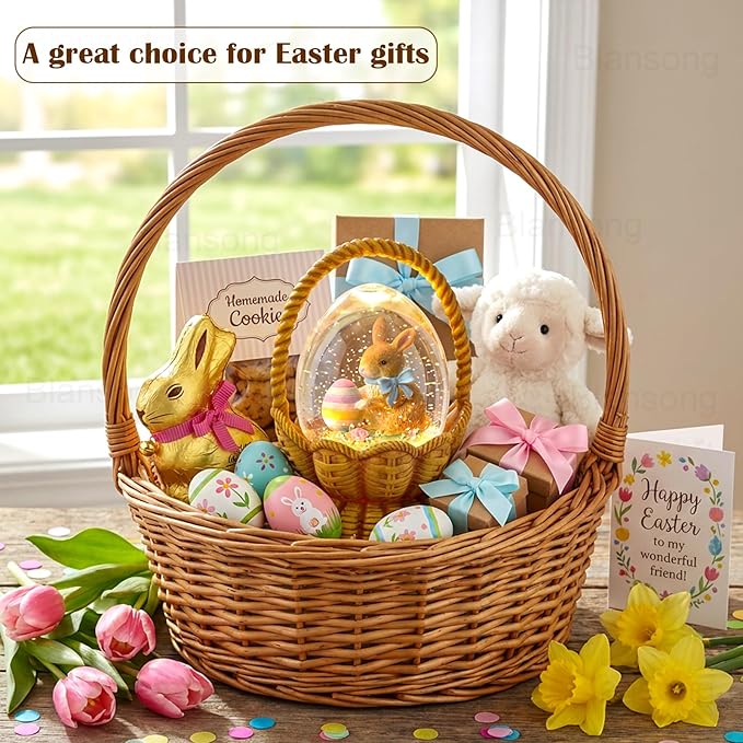 Easter Snow Globe Basket Easter Bunny Eggs Decorations Gifts Auto Snowfall Glitter Music Collection with 6H Timer USB/Battery Powered 6.4 Inch