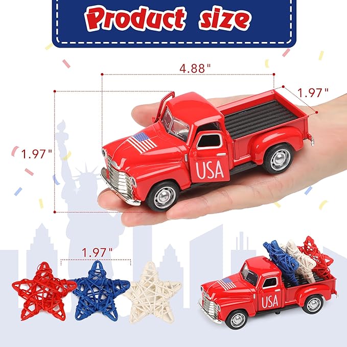 4th of July Truck Decorations - Farmhouse Metal Truck Car Decor with Stars Decorations, Patriotic Centerpieces for Tables - Lndependence Day Memorial Day Red White and Blue Tiered Tray Decor