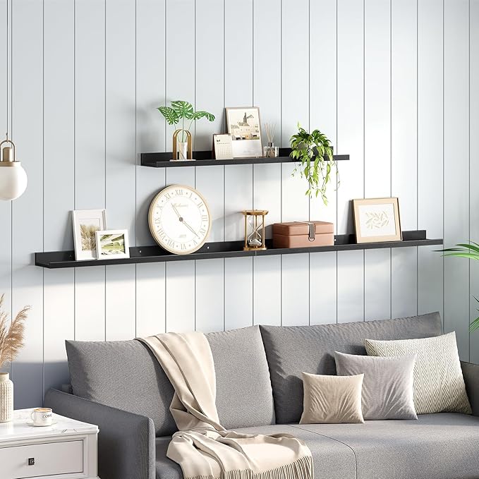 HOOBRO Floating Shelves, Wall Shelf Set of 3, 35.4 Inches Hanging Shelf with Raised Edge and Invisible Brackets, for Bathroom, Bedroom, Kitchen, Office, Living Room Decor, Black BK90BJ01