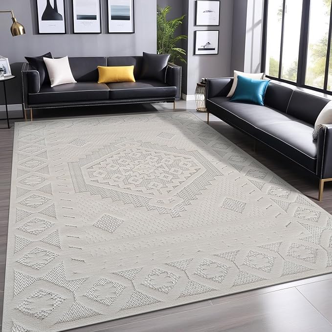 Modern Micro Loop Indoor Area Rugs for Living Room Bedroom Kitchen Geometric Trellis White 4x6 Luxury Durable Low and High Pile Non-Shedding Stain Resistant Soft Area Carpet 4 x 6