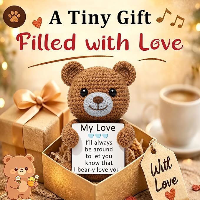 WELLBANEE My Love Gifts for Him Her, Positive Crochet Bear Gift for Husband Wife Boyfriend Girlfriend, Romantic Birthday, Handmade Emotional Bear