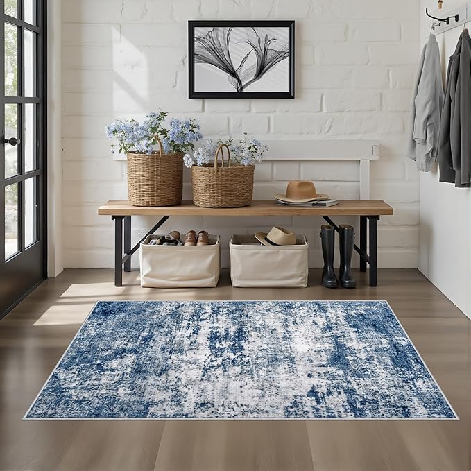 Washable Area Rug 3x5 Entryway Rug: Washable Modern Abstract Soft Thin Rug Indoor Floor No Slip Stain Resistant Carpet for Bedroom Dining Room Farmhouse Nursery Home Office - Blue