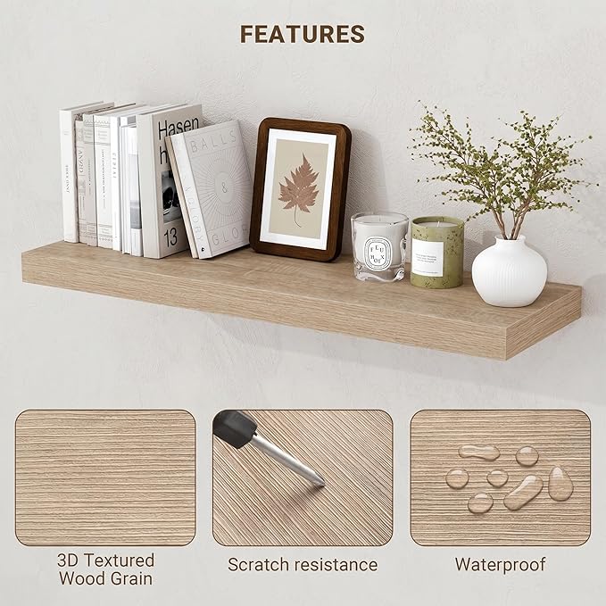 Acovy 36 Inch Floating Shelves, 3D Textured Wood Grain, 36"x9.25"x1.5" Inch Deep Floating Shelves for Wall, Wooden Shelves for Bathroom, Bedroom, Living Room, Vintage White Oak, 2 Pieces