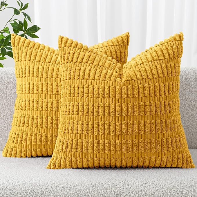 MIULEE Pack of 2 Corduroy Decorative Throw Pillow Covers 20x20 Inch Soft Boho Striped Pillow Covers Modern Farmhouse Home Decor for Summer Sofa Living Room Couch Bed Mustard Yellow