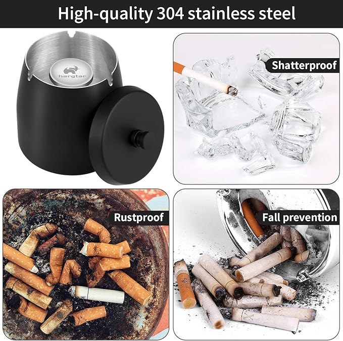 Outdoor Ashtray with Lid, Ashtrays for Cigarettes Outdoor, Ash Tray Sets for Cigarettes for Patio, Stainless Steel Windproof Ashtrays Covered Metal, Black Ashtray, Small