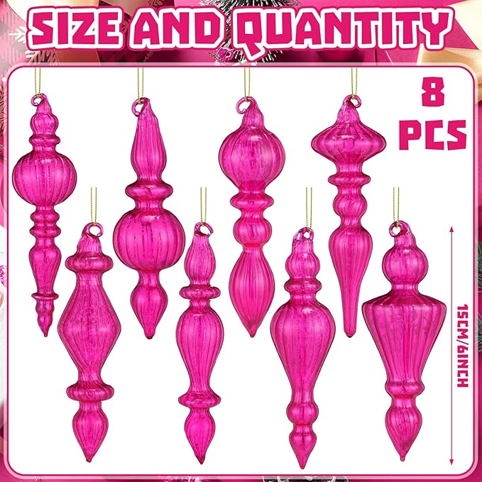 Mifoci 8 Pcs 6 Inch Mercury Glass Finial Christmas Ornaments Hanging Christmas Finials Glass Ornaments Assorted Mercury Decor for Vintage Holiday Xmas Tree Decoration (Hot Pink)