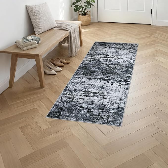 2'x5'Runner Rug Washable Rug: Modern Abstract Soft Thin Runner Rug Black