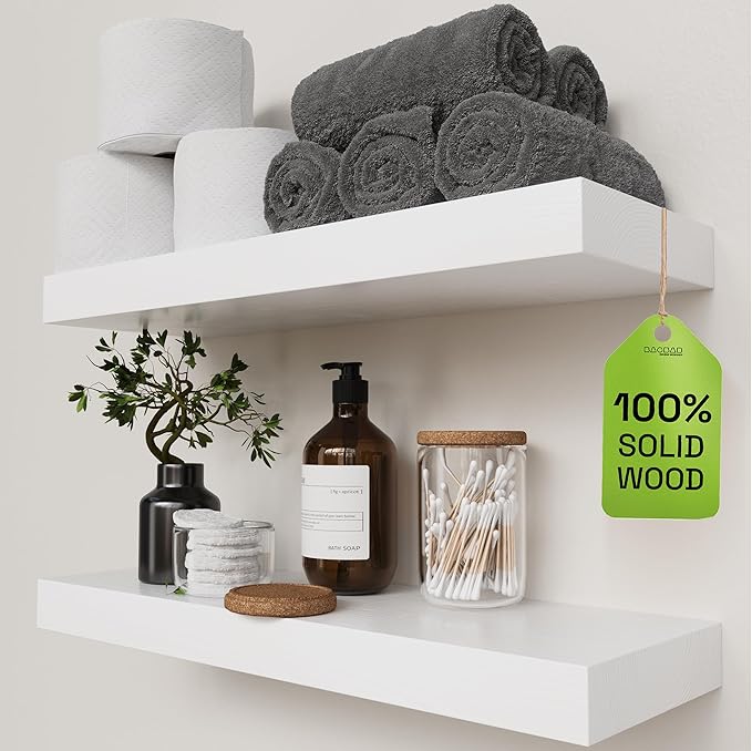BAOBAB WORKSHOP Wood Floating Shelves for Wall 20 Inch, Solid Real Wooden Bathroom Shelf White Thick, Heavy Duty Wall Shelf Mounted 20 Kitchen Bedroom Rustic, White Finish, 20W × 6.7D, Set of 2