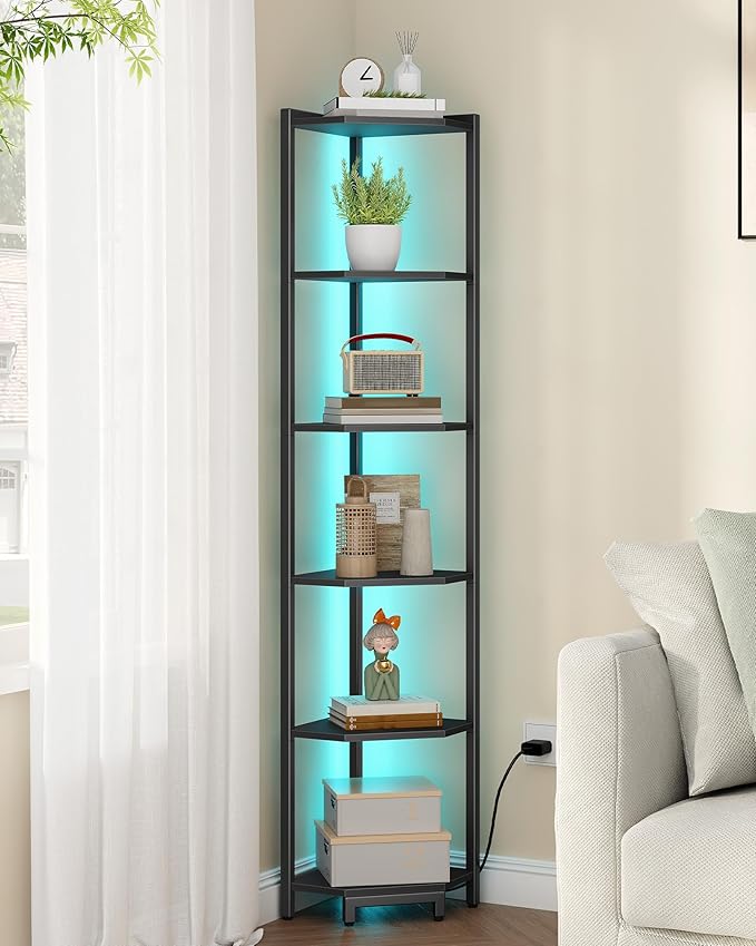 Hzuaneri Corner Shelf with LED Light, 6-Tier Corner Bookshelf, Tall Narrow Display Bookcase with Metal Frame, Standing Shelf for Small Space, Living Room, Home Office, Bedroom, Black CS66606B