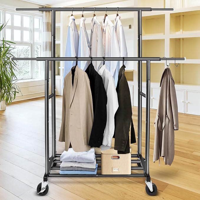 Fishat Stand Portable Black Double Rods Garment Rack with Rolling Clothes Organizer on Lockable Wheels Mobile, 48" W x 15" D x 67" H, Metal Simple Hanging Clothes with 2 Hook