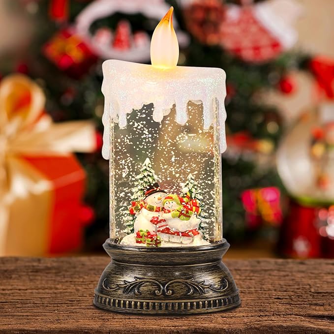 GenSwin Christmas Snow Globe Candle, Swirling Glittering Candle with Timer, Music, Snowmans Scene, Winter Snow Shaped Lantern, USB/Battery Operated Candles for Christmas Decoration