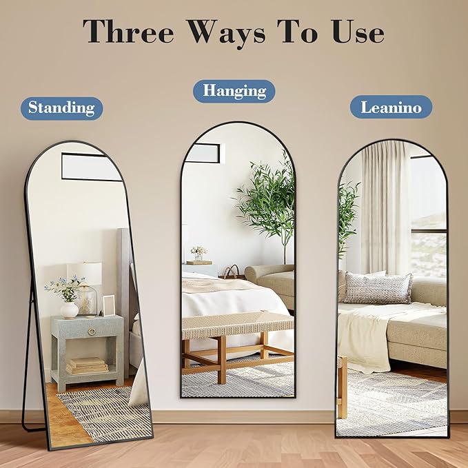 DUMOS Arched Full Length Floor Mirror, 56"x15" Full Body Standing Mirror with Aluminum Frame and Shatter Proorf Nano Glass, Modern Wall Hanging Leaning for Living Room, Home Decor, Black