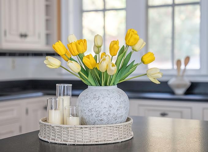 Rustic Farmhouse Textured Ceramic Vase, Large Round Distressed White Pottery Flower Vase for Centerpieces, Kitchen, Living Room, Bedroom, Table Top Decor, Gift & Weddings