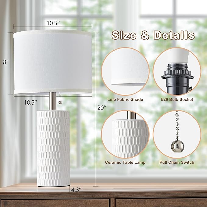 Reaketon 20" Small Ceramic Table Lamps for Bedroom Set of 2, Modern Table Lamps for Night Stands, Living Room, Home Office and Hallways, White
