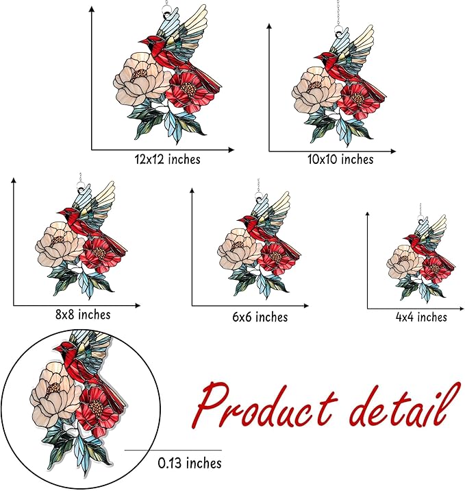 Cardinal Acrylic Suncatcher, Boho Suncatchers for Window Hanging Ornament, Stained Glass Effect Indoor Outdoor Garden Decor for Memorial, Gifts for Mother's Day, Mom, Grandma, Wife, Women