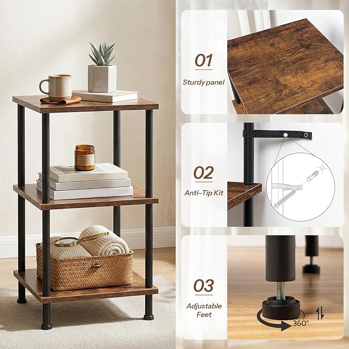 HOOBRO 3-Tier Corner Shelf Stand, Corner Square Rack Display Shelf, Tall Storage Plant Stand, Bookcase for Small Spaces, Living Room, Home Office, Kitchen, Rustic Brown and Black BF153CJ01