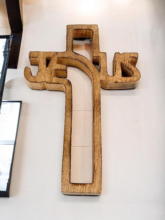 S.B.ARTS Wooden Wall Cross Handmade Wall Crucifix with Hand Carvings Cross for Baptism Gifts - Christians Spiritual Hanging Ornament for Wall Decor and Church (12 Inches)