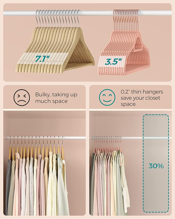 SONGMICS Velvet Hangers, Set of 100 Clothes Hanger with Rose Gold Swivel Hook, Non-Slip, and Space-Saving, 0.2-Inch Thick, 17.1-Inch Long for Coat, Shirt, Dress, Pants, Tie, Coral Pink UCRF021PK100