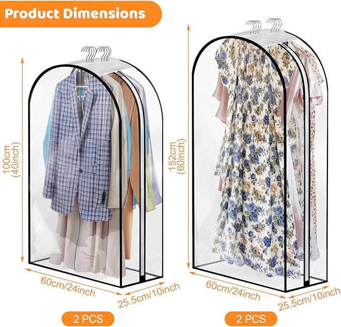 4 Pack Full Clear Garment Bags with Side Zipper, 40&60" Clothes Covers with 10" Gusset, Transparent Hanging Suit & Coat Covers for Closet Storage, Jackets, Dresses, Windbreakers