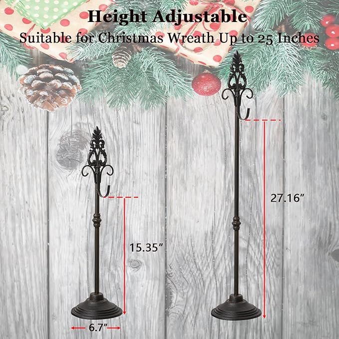 Wreath Stands for Display, Retro Black Standing Wreath Holder, Wrought Iron Wreath Hanger Stand, Wreath Holder Stand with Fleur-De-Lis Top, Floor and Tabletop Christmas Wreath Stands for Porch, New Year Wreath, Party Decor