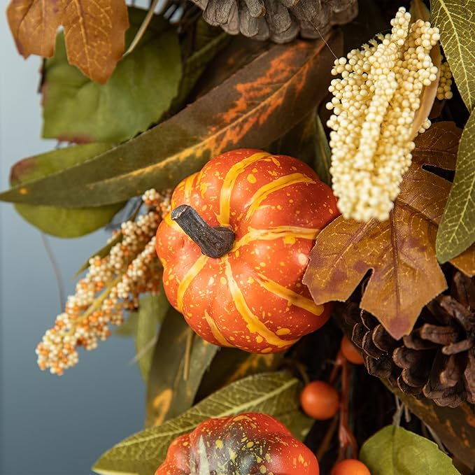 Glitzhome 2 Pcs Fall Teardrop Swags for Front Door, Artificial Wall Decorative Swags with Leaf & Pumpkins & Pine Cones & Berries for Home Porch Wall Window Halloween Thanksgiving Indoor Outdoor Decor