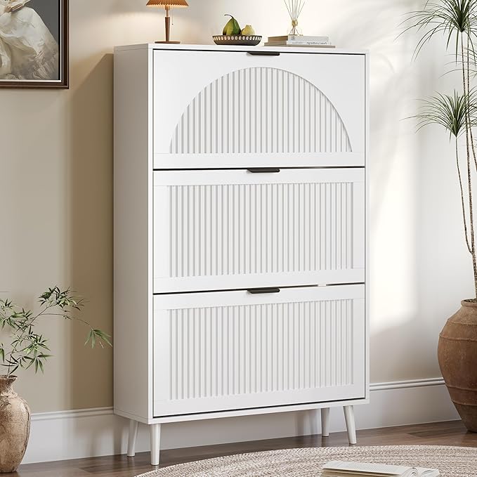 Shoe Cabinet for Entryway with 3 Flip Drawers, Slim Wooden Shoe Storage Organizer with Modern Fluted Pannel，Freestanding Narrow Hidden Shoe Rack for Hallway, Foyer, Living Room