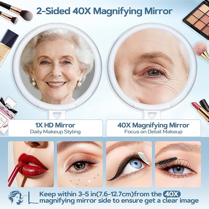 B Beauty Planet 40X Magnifying Mirror, Hand Mirror with Handle, Double Sided Hand Mirror with 40X/1X Magnification, Travel Essential Portable Foldable Makeup Mirror for Precision Makeup Clear