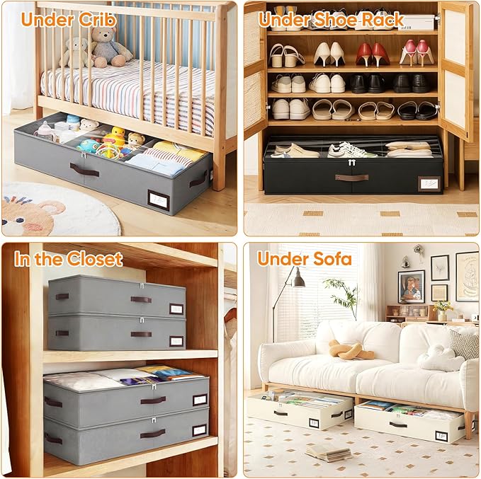 OIAHOMY 2 Pack Under Bed Storage, 6 Inch High Under Bed Storage Containers with Adjustable Dividers, Dual Zippers, &Clear Lid, 53L Under Bed Drawers For Clothes, Blankets, Clothing, & Shoes, Black