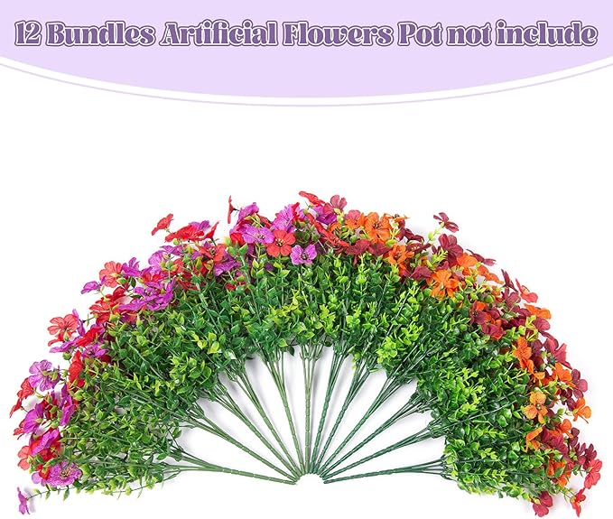 Artificial Fake Flowers Plants for Outdoor Spring Summer Decor, 12 Bundles Faux Silk Flowers for Outdoor Outside Planter Colorful Daisy UV Resistant Look Real for Front Door Porch Patio Yard