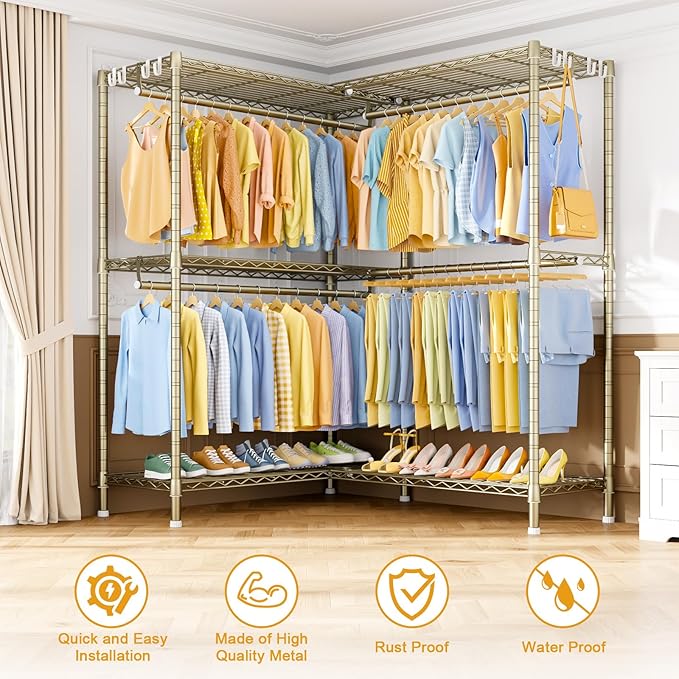 E15 Pro Garment Rack L Shaped Clothes Rack for Corner，Freestanding Clothing Racks for Hanging Clothes，Heavy Duty Closet System with 4 Hanging Rods & 8 S Hooks，48.8"W x 15.8"D x 78.4"H，Gold