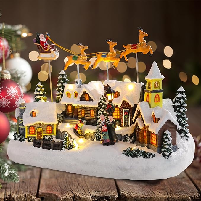 WONDER GARDEN Christmas Village Houses-Christmas Houses Village - Lighted Town Sets Colorful Musical Collectible Buildings with Elks Pulls Santa in Sleigh for Home Indoor Decor or Gift