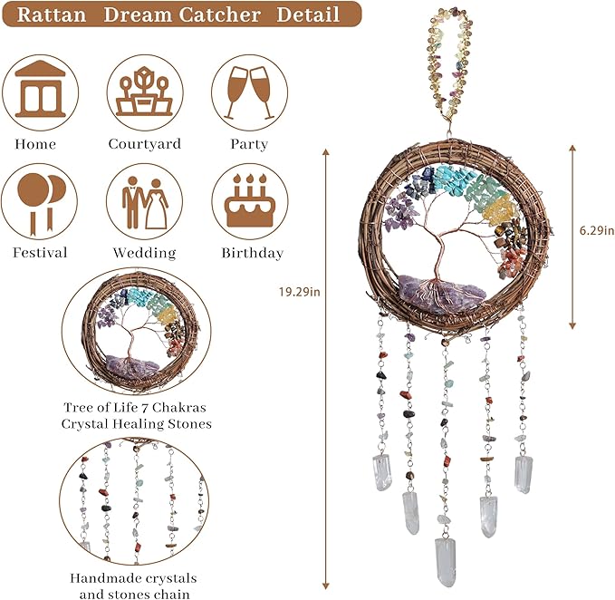 Dream Catcher - Dreamsum 7 Chakra Tree of Life Dream Catcher Native Boho Dreamcatcher Rattan Wall Decor, Handmade Natural Rattan Brown Crystal Hanging Decor for Bedroom Living Room (Dark Brown)