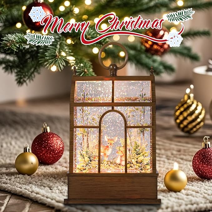 Christmas Snow Globe Lantern Greenhouse Water Glittering Globe with Little Lawn 6H Timer Function Christmas Snow Globes 3 AA Battery Operated for Christmas Festival Decorations Gifts (Greenhouse)