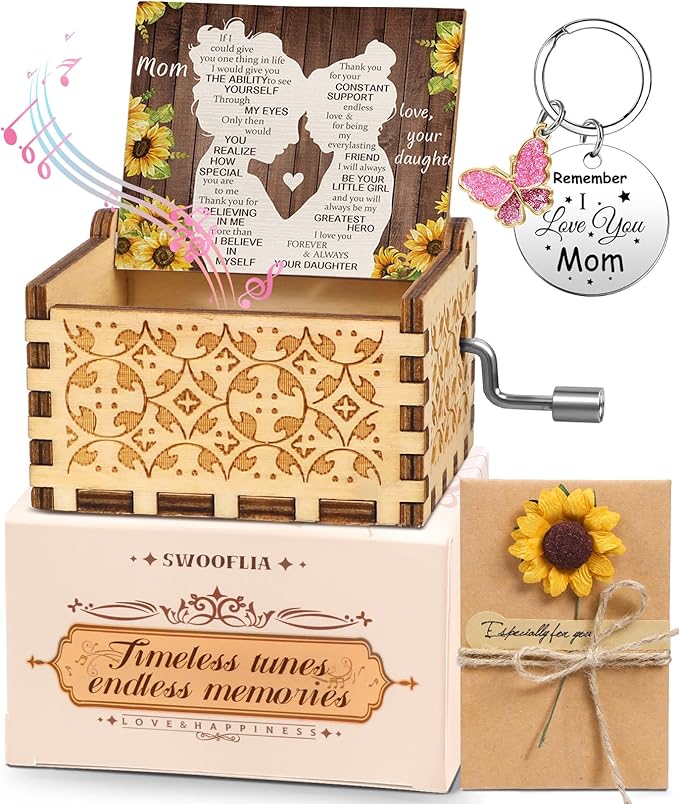 Swooflia Mother's Day Wooden Music Box for Mom with Sunflower Greeting Card - Hand Crank Engraved Musical Box Vintage Mechanism Personalized Gifts for Women Grandma On Birthday