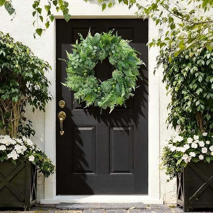 24 Inch Artificial Greenery Wreath for Front Door - Green Wreath with Eucalyptus and Fern Leaves, Spring Summer Fall Winter Eucalyptus Wreaths, Indoor Outdoor Wreath for Farmhouse Outside Year Round