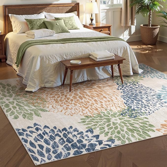 Dahlia Floral Washable Rugs, 8x10 Area Rugs for Bedroom,Boho Multicolored Ultra Thin Living Room Rug,Large Fall Soft Non Shedding Throw Carpet for Dining Room Classroom Dorm,Multi