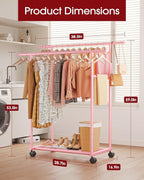 Metal Clothes Rack - Double Rod Clothing Rack with Fixed Design and Rolling Wheels, Coat Rack with Built-In Shelf for Closet Organizers and Storage (38.5" x 16.9" x 59.0", Pink)
