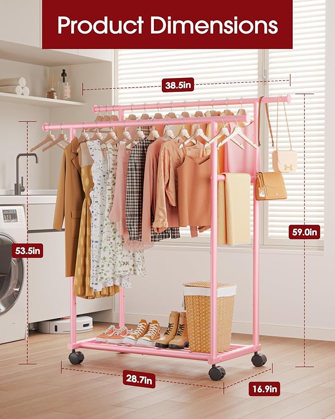 Metal Clothes Rack - Double Rod Clothing Rack with Fixed Design and Rolling Wheels, Coat Rack with Built-In Shelf for Closet Organizers and Storage (38.5" x 16.9" x 59.0", Pink)