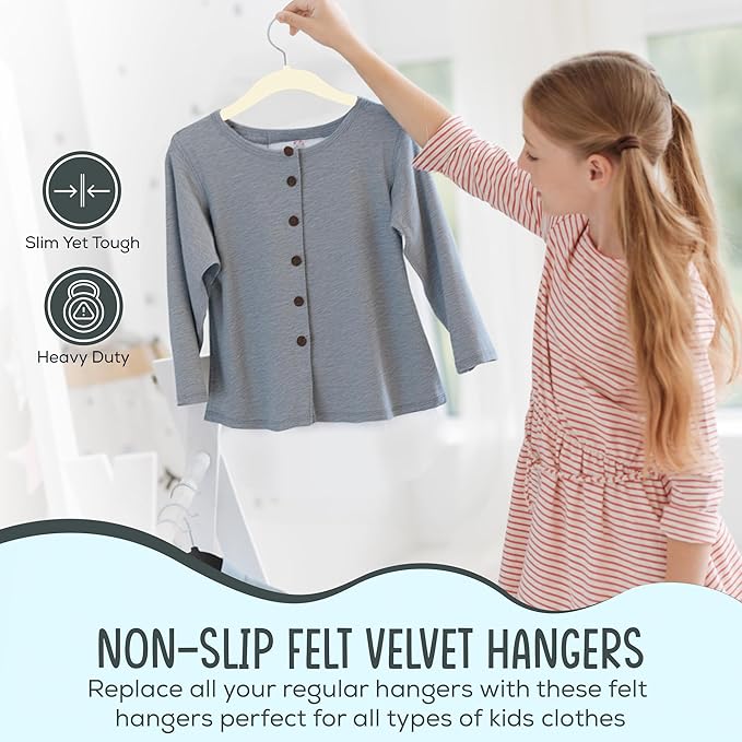 50 Premium Kids Velvet Hangers - 14" Non-Slip Clothes Hangers for Kids & Preteens - Ultra Slim, Space-Saving, Strong & Durable Hangers with 360° Swivel Hook - Ivory