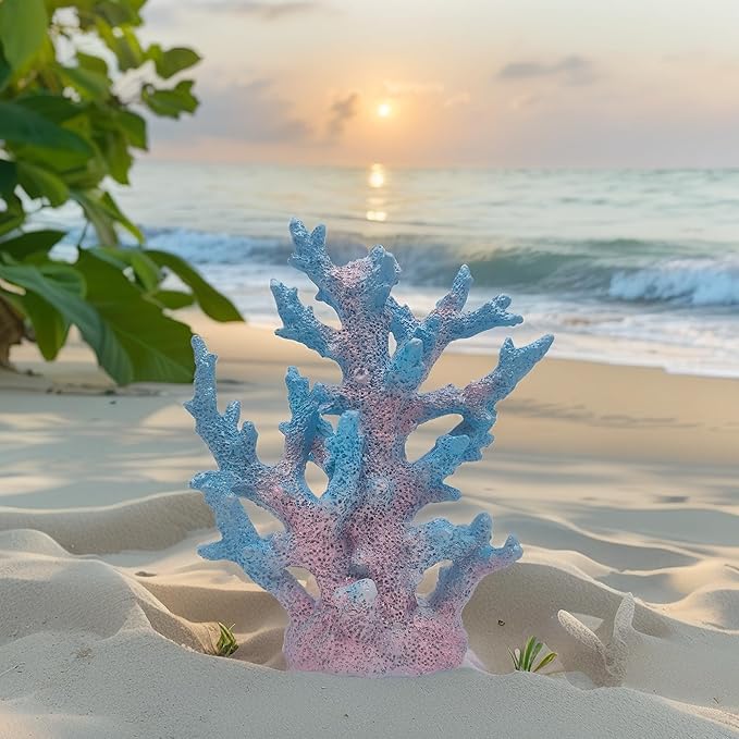 Etlemonde Beach Coastal Decor Coral Reef Home Decor Coral Statue Sculpture Home,Desk,Bathroom,Desktop Shelf Statue,Marine Themed Gifts (Gradient Cyan Coral)