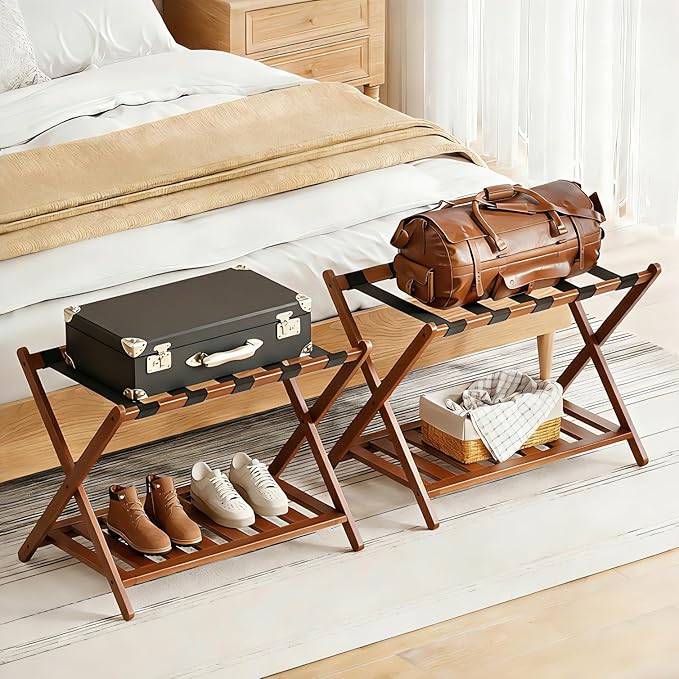 Full Assembled Luggage Rack Set of 2, Bamboo Luggage Holder Rack for Guest Room, 26.77" L Folding Suitcase Stand with 5 Nylon Straps & Storage Shelf for Bedroom Hotel (2 Pack - Brown)