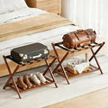 Full Assembled Luggage Rack Set of 2, Bamboo Luggage Holder Rack for Guest Room, 26.77" L Folding Suitcase Stand with 5 Nylon Straps & Storage Shelf for Bedroom Hotel (2 Pack - Brown)