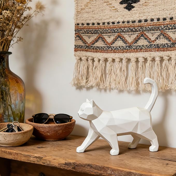 Cynkeyee Geometric Knick Knacks Cat Statue - Modern Resin Sculpture for Home Decor Minimalist Bookshelf Desk Figurine Small White Trinkets for Shelf Decor Office Decoration Accent 6x5x1.6 Inches